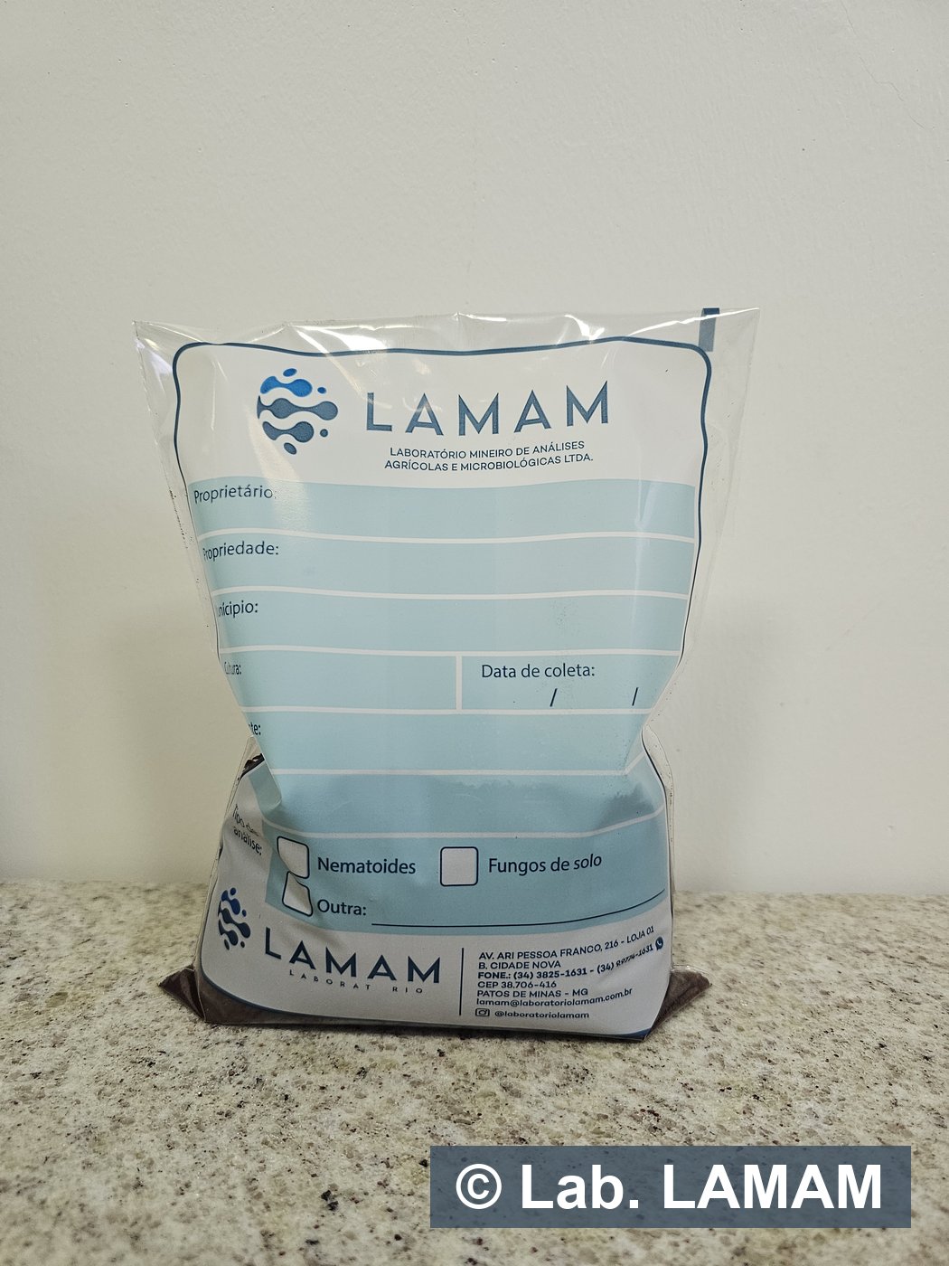 Saco de coleta do LAMAM com os campos de identificação