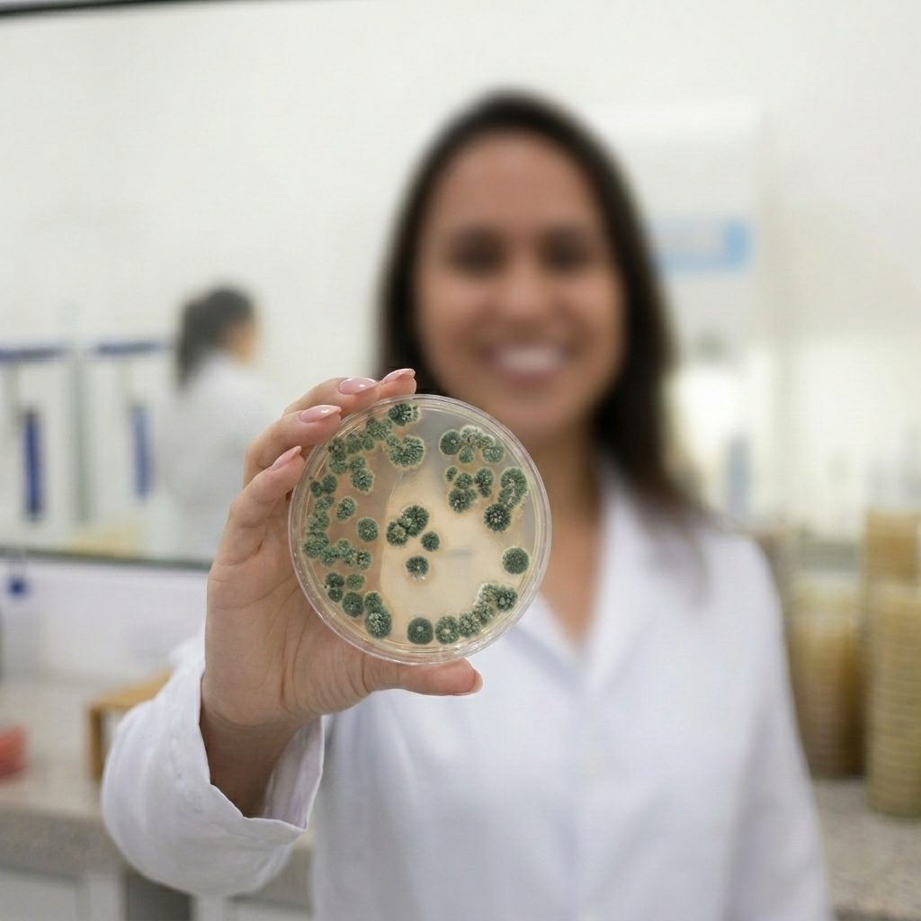 Analista do LAMAM segurando uma placa de contagem (UFC) de Trichoderma spp. no laboratório